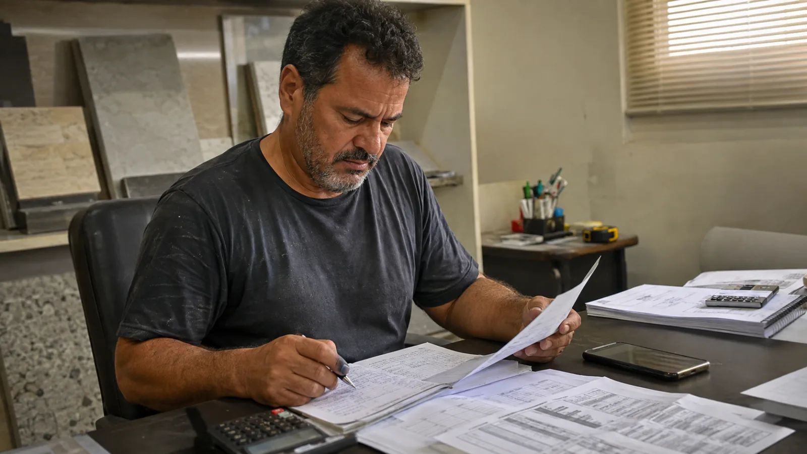 Dono de marmoraria revisando planilhas e anotações de custos no escritório