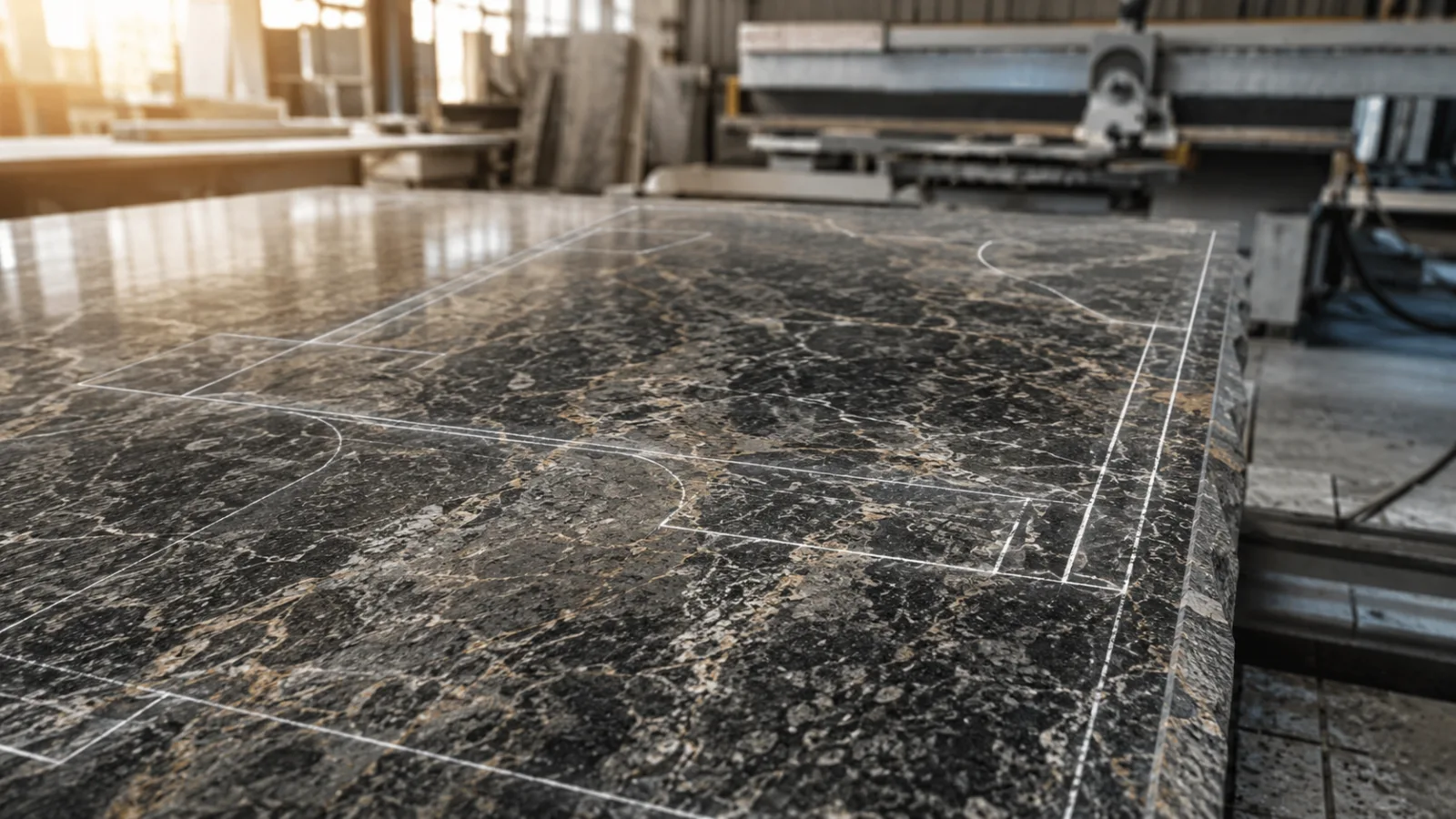 Chapa de granito marcada para corte, com peças planejadas para aproveitar o máximo da área